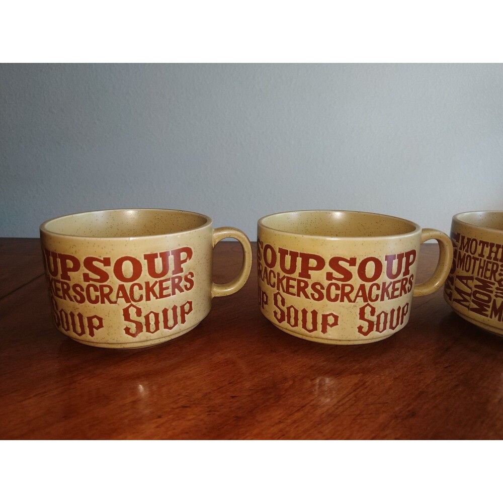 Lot 4x Vintage 1970’s Soup & Crackers Mom Dad Speckled Stoneware Mugs Japan Tan - Picture 8 of 15